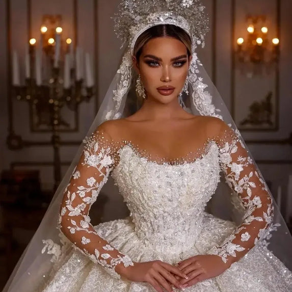 Luxury Princess Wedding Dresses Vintage Bridal Gown Beading Shinny Tulle Long Sleeves Robe Elegant Pretty Dress Customized 2025