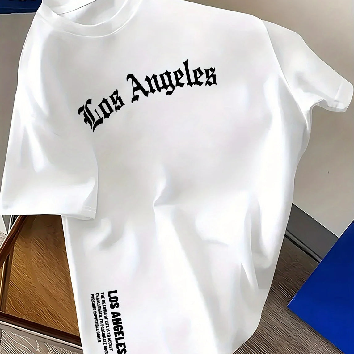Men's Summer 100% Cotton Fashion Los Angeles Letter Printed Loose Large Casual Comfortable Round Neck Short Sleeve T-shirt Top