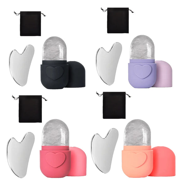 3-piece facial cleansing tool, stainless steel heart-shaped scraping tool, ice facial roller, a flannel bag