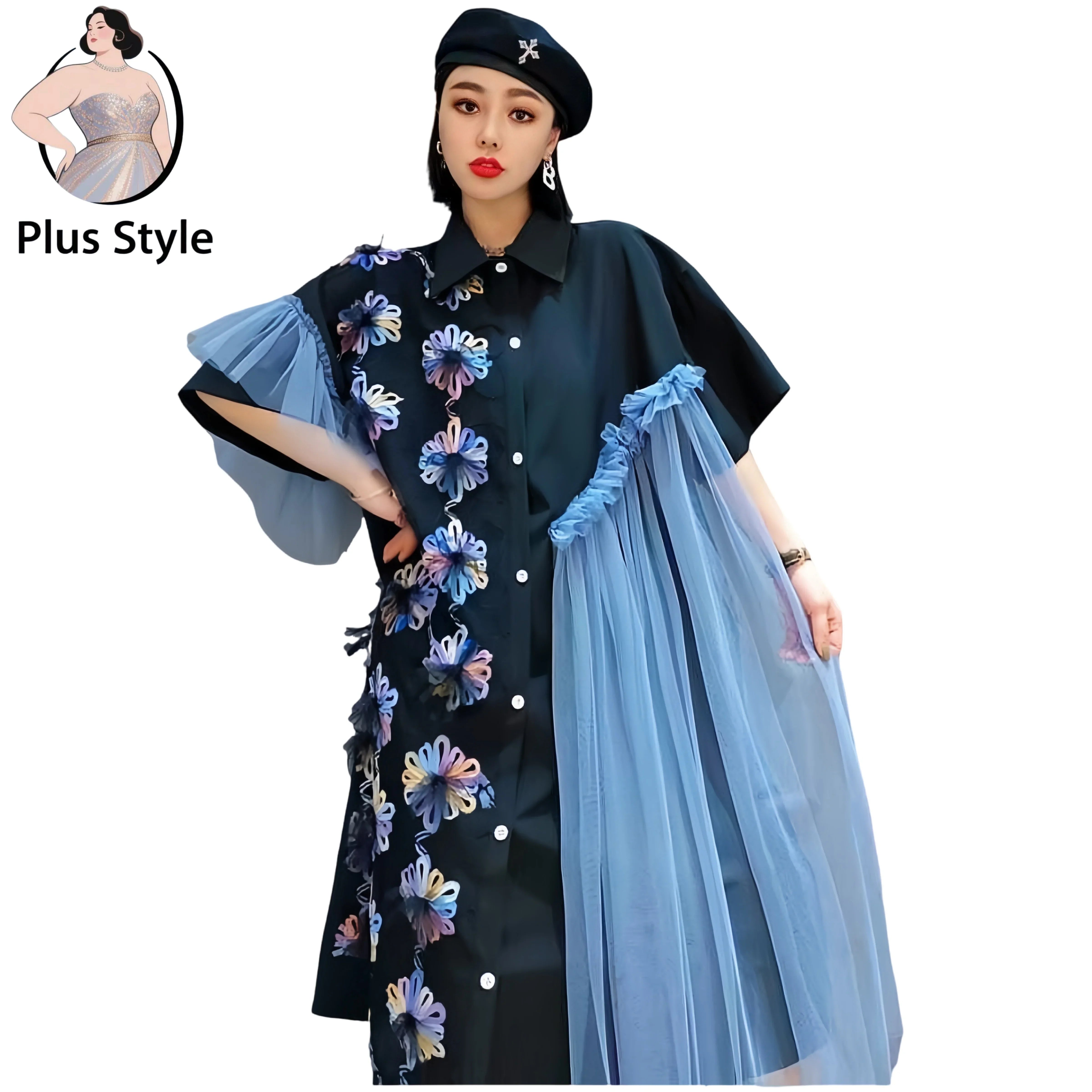 100KG Summer Dress Plus Size Loose Fit Slim Embroidered Chiffon Sleeveless Irregular Color Block European Style Women Dresses