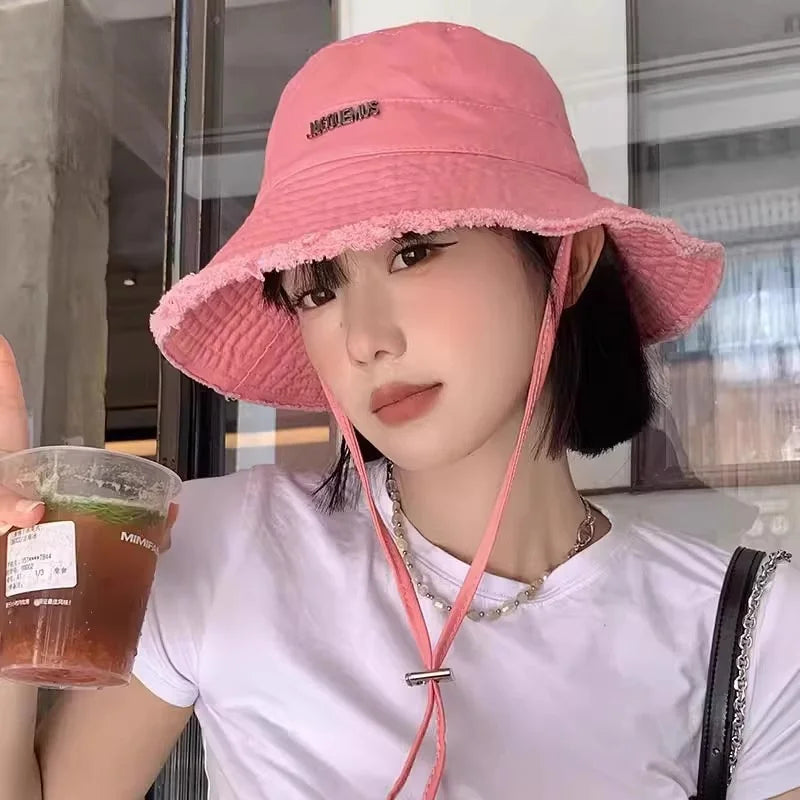 Summer Must Have Washed Cotton Fisherman Hat Wide Brim Raw Hem Drawstring Sun Protection Trendy Vacation Fashion Beach Holiday
