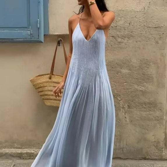 Sexy Solid Pleated Long Dress Women Elegant V Neck Sleeveless Suspender Backless Loose Robe Beach Party Ladies Maxi Gowns 2025