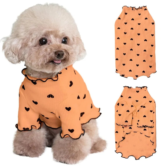 New Love Print Pet Clothes Stretchable Ruffle Puppy Heart Print Shirt Breathable Dry Pullover Shih Tzu Yorkie