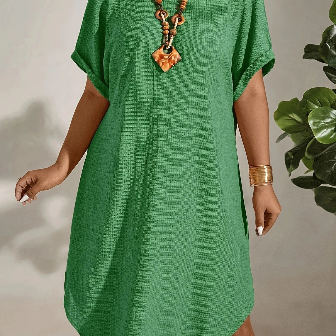 Casual Short Sleeve round Neck Pure Color Dress Spring Summer Curved Hemline Women's Fashion Single Piece Clothing