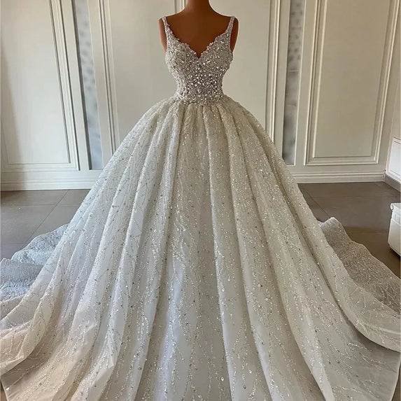 Customized Gorgeous Sequineds Appliques Sparkly Crystals V-Neck Wedding Dress Formal Bridal Gowns Robe De Mariée 2025
