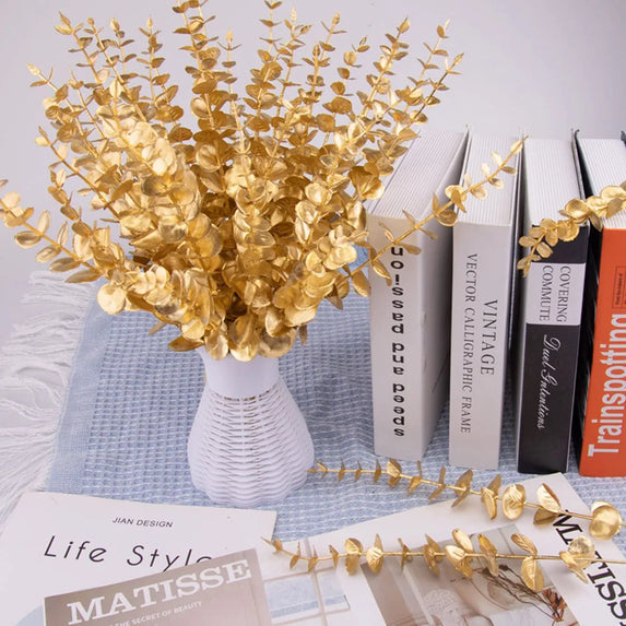 5pcs/Lot Artificial Gold Eucalyptus Branch Stem Artificial Plants for Home Wedding Flower Arrangement Greenery Decoration