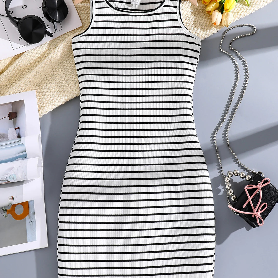 Spring and summer girls fashion casual clothing micro-elastic round neck sleeveless striped skirt tight skirt summer cool breath
