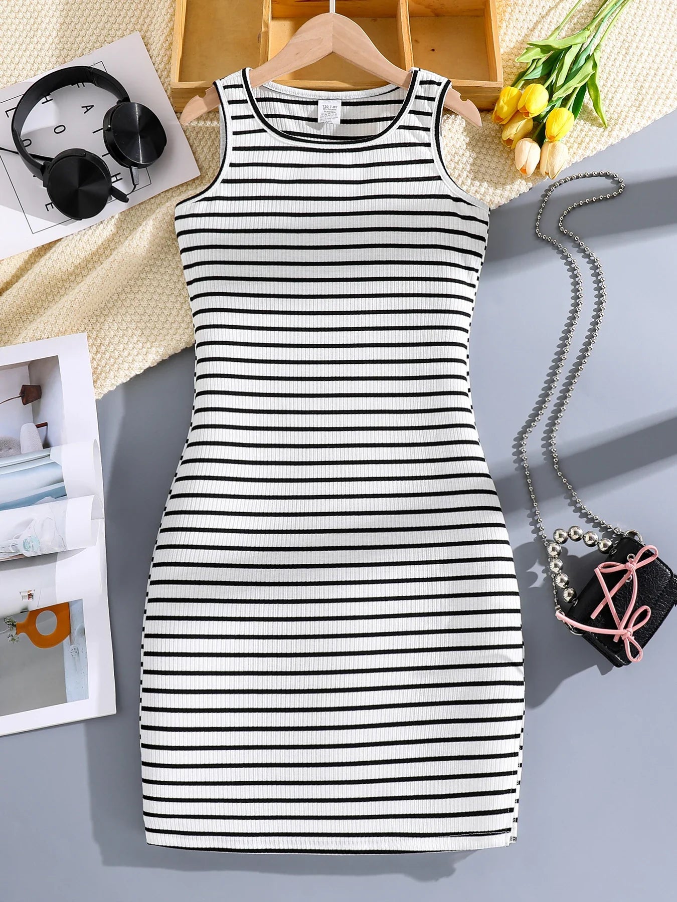 Spring and summer girls fashion casual clothing micro-elastic round neck sleeveless striped skirt tight skirt summer cool breath