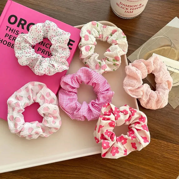 6pcs/set women's sweet pink peach blossom check large intestine hair ring,fashionable and versatile hair accessory
