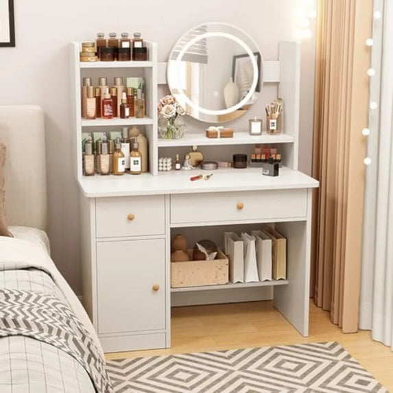 Dressing Table, Makeup Table with Drawers, Vanity Desk with Mirror and LED Lights, 3 Lighting Modes, Multifunctional Makeup Desk