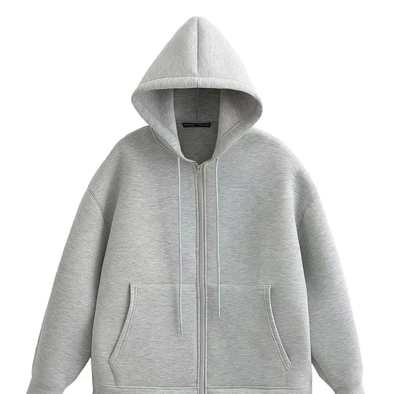 TRAFZA Autumn Women Gray Jacket With Hood Long Sleeve Big Pocket Zipper Jacket Coat Woman Loose Casual Outerwear Coat Tops