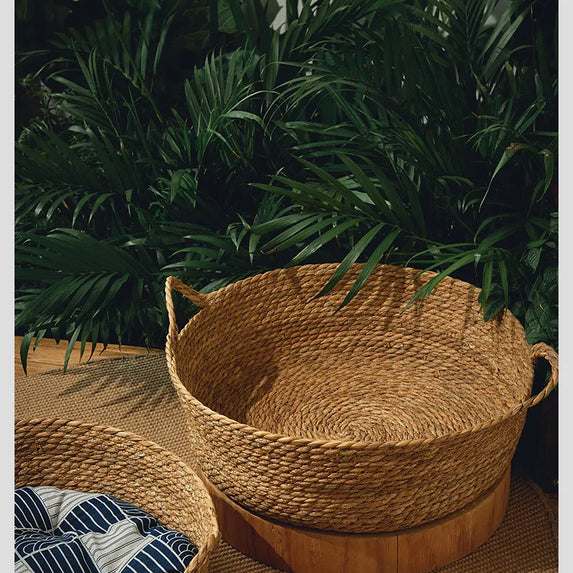 OUZEY Rattan Weaving Basket For Cat Comfortable Sleeping Pet Dog Bed Summer Cool Weave Cat House Donut Round Kitten Puppy Bed