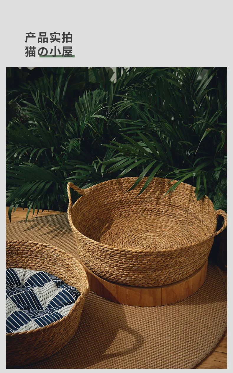 OUZEY Rattan Weaving Basket For Cat Comfortable Sleeping Pet Dog Bed Summer Cool Weave Cat House Donut Round Kitten Puppy Bed