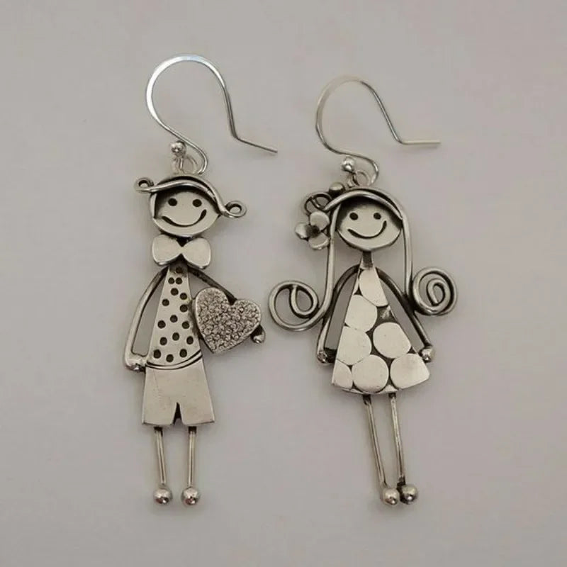 Creative Retro Minimalist Couple Character Metal Pendant Earrings for Women's Daily Accessories
