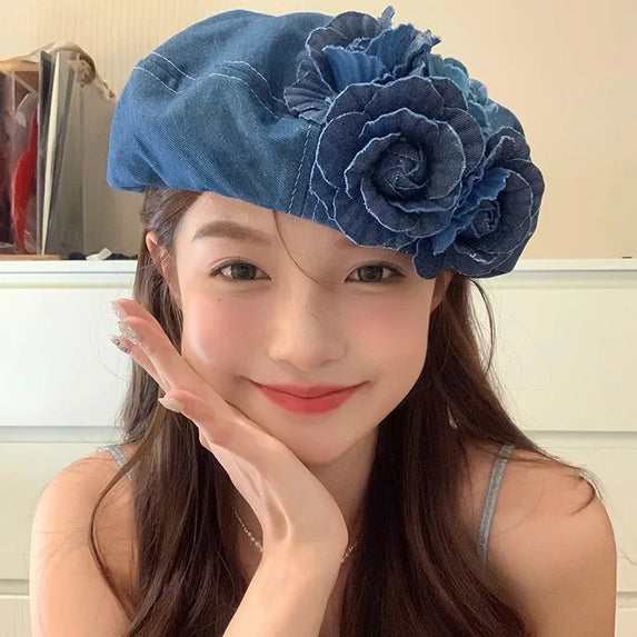 Ladies New Denim Beret Hats Flower Cowboy Vintage Luxury Hat Women Retro Casual Painter Hat Female Trendy Spring Autumn Hat