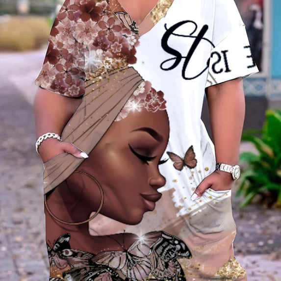 Plus Size Graphic and Letter Printed Dress,Casual Round Neck Short Sleeve Dress,Women's Plus Size Clothing