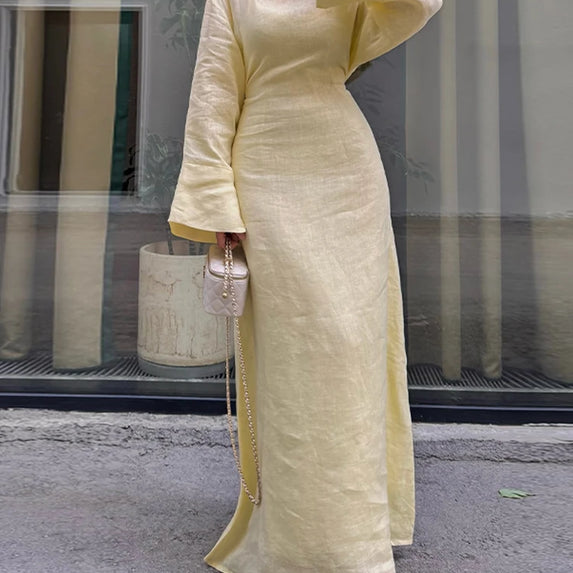 Women' Dresses Elegant O-neck Cotton Lined Back Lace Up  Flare Sleeve Waist Cinching Long Robes Female 2025 Summer Lady Dress