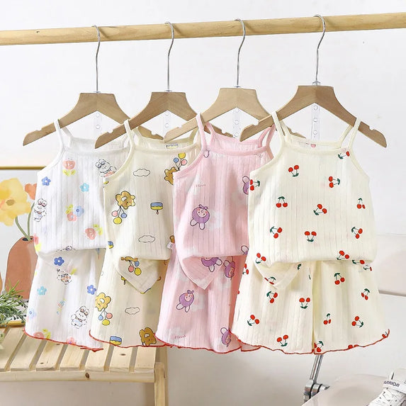 Sling+Shorts Suit Summer Girl's All Cotton Pajamas Infantil Cartoon Printed Sleeveless Home Clothes Fashion Cute Vest Two Piece