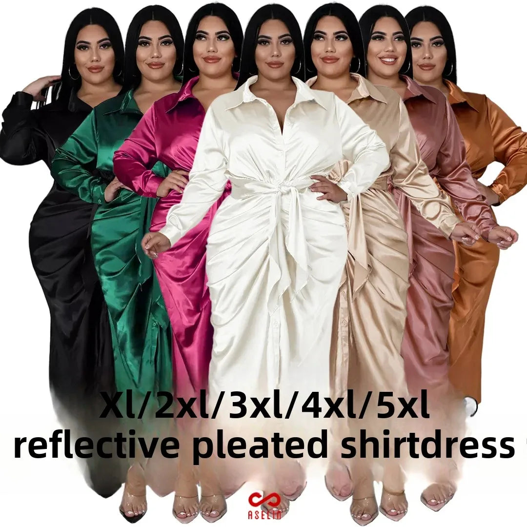Plus Size AP7059 Fashionable Plus Size Women's Clothing Reflective Silk Ruched Tied Shirt Dress For Amazon Nightclub Women's ...