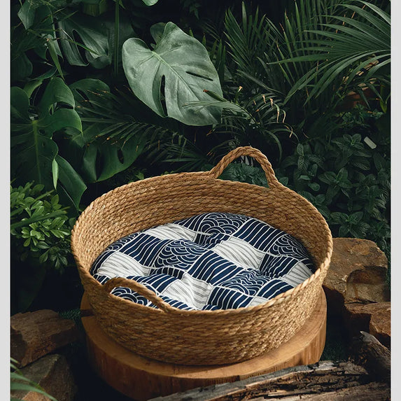 OUZEY Rattan Weaving Basket For Cat Comfortable Sleeping Pet Dog Bed Summer Cool Weave Cat House Donut Round Kitten Puppy Bed