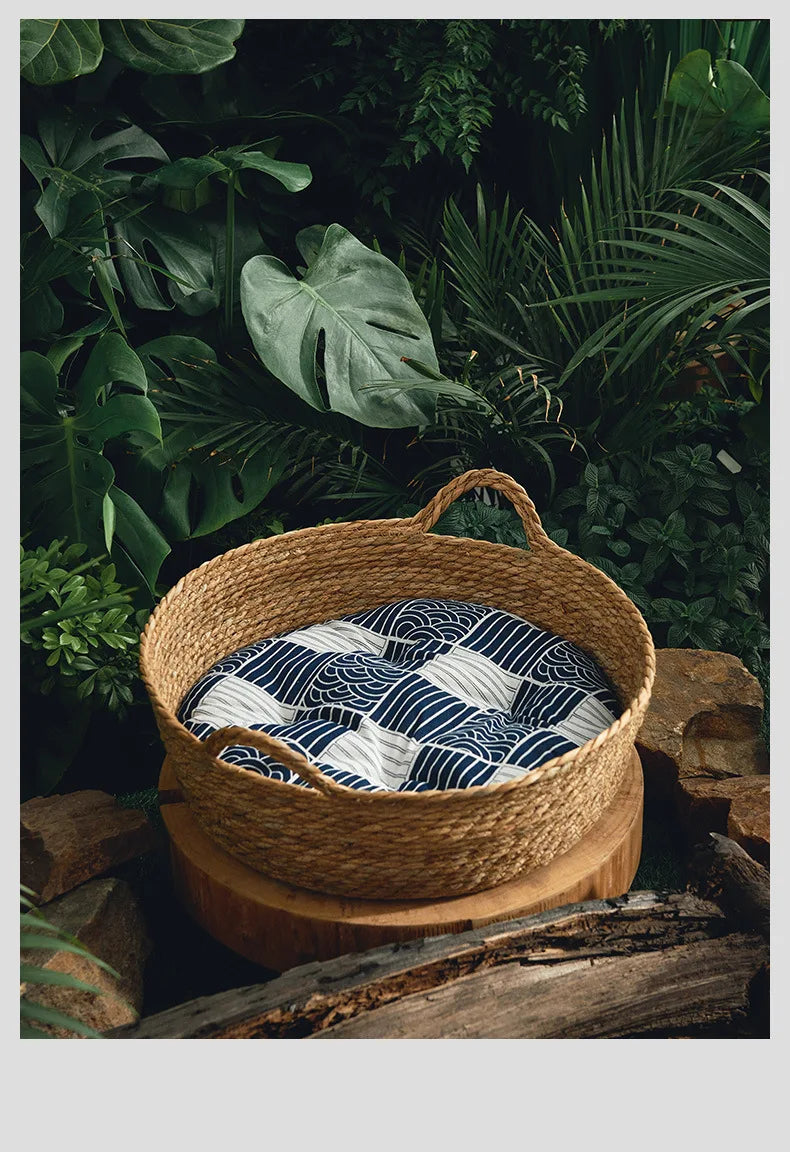 OUZEY Rattan Weaving Basket For Cat Comfortable Sleeping Pet Dog Bed Summer Cool Weave Cat House Donut Round Kitten Puppy Bed