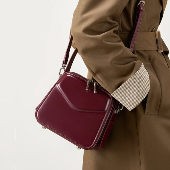 Toptrends Glossy Genuine Leather Box Small Shoulder Crossbody Bags For Women 2025 Luxury Designer Square Purses Ladies Handbags