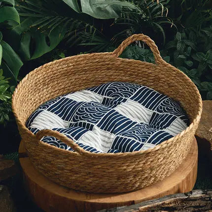 OUZEY Rattan Weaving Basket For Cat Comfortable Sleeping Pet Dog Bed Summer Cool Weave Cat House Donut Round Kitten Puppy Bed