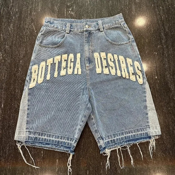 American Street Harajuku Retro Denim Shorts with Letter Embroidery Oversized Jeans Men Y2k Loose Casual Versatile Shorts Women