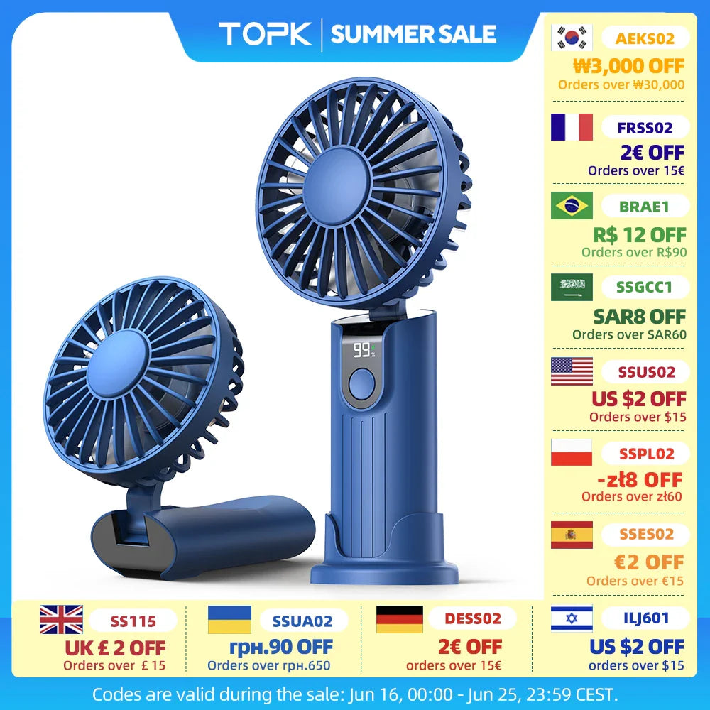 TOPK 5000mAh Mini Portable Fan USB Rechargeable Hand Held Fan,Small Pocket Fan 3 Speeds with Lanyard &Base,USB Desk Fan Foldable