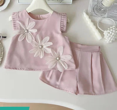 Children's Suit For Girls Summer Cute Three Flowers Short Sleeve Tshirt + Shorts 2 PC Sets Casual Outfit Baby Kids Clothing ﻿
