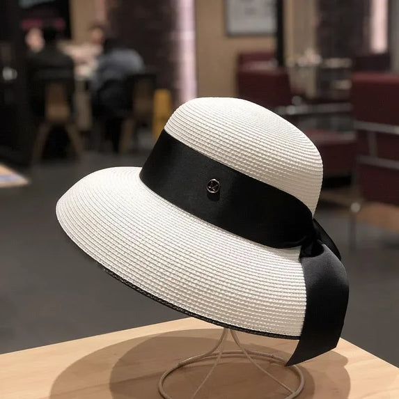 Women's French Retro Straw Sun Hat with Bow Detail - Hepburn Style Elegant Wide Brim UPF 50+ Sun Protection for Beach Vacation