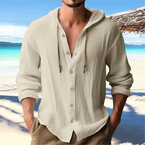 Summer Men's Shirt Solid Long Sleeve Hoodie Men Shirts Cotton Linen Breathable Man Streetwear Button Tops Casual Shirt Men