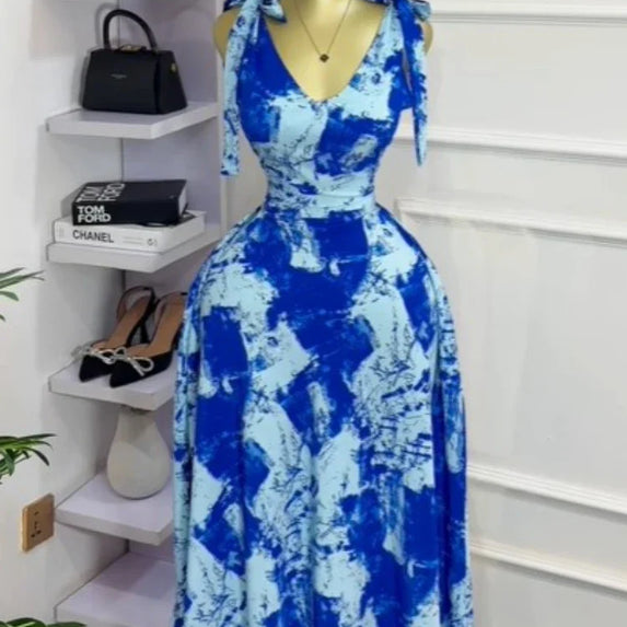 CM.YAYA Women Tie Dye Sleeveless Bowknot Strap V-neck A-line Midi Dress 2025 Summer Vacation Birthday Sexy Party Street Dresses