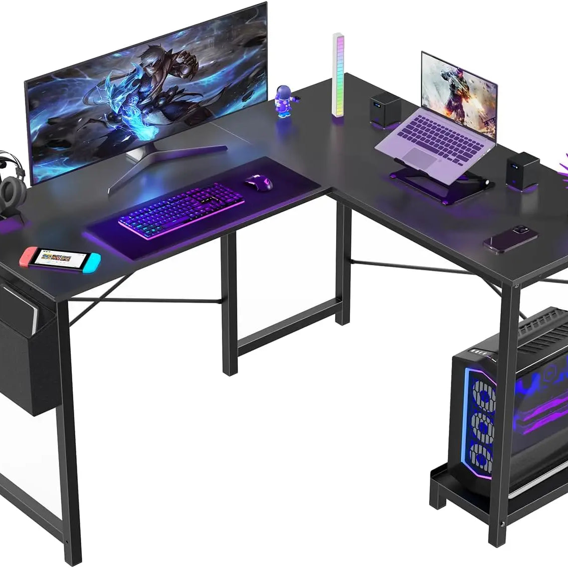 L Shaped Desk. 50-Inch Computer Desk. Corner Gaming Desk. CPU Stand. Home Office. Black.