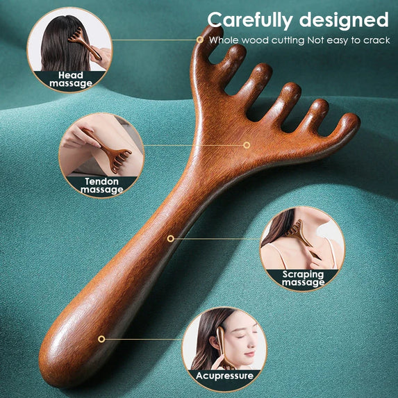 Alwafore Natural Sandalwood Massage Comb Six-Claw Head Acupoint Massage Gua Sha Tool Neck Face Lifting Scraping Massager