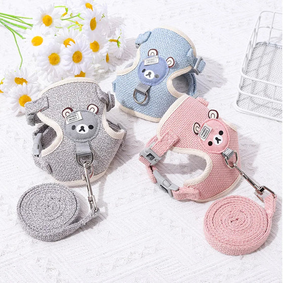 Adjustable Bear Decoration Dog Vest Chest Harness Breathable Pet Cat Harness Leash Set Teddy Small Dog Walking Rope