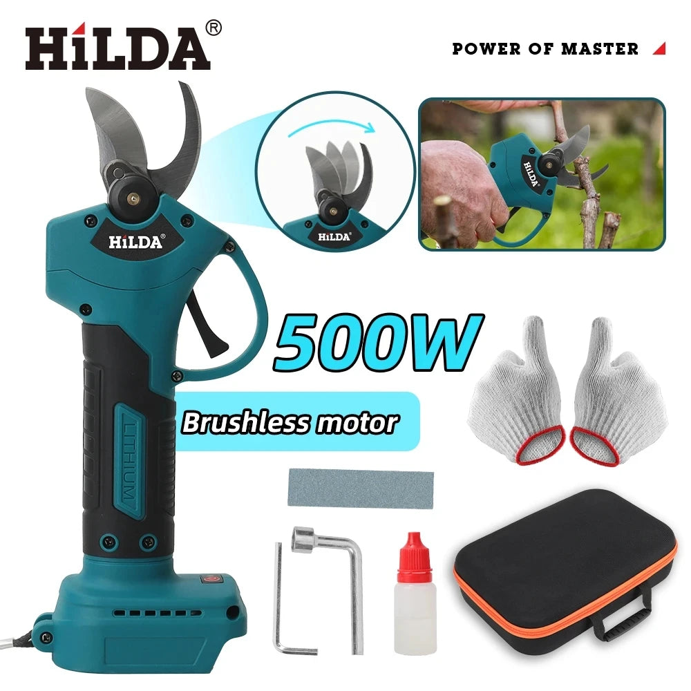 HILDA Brushless Electric Pruning Shears 500W Pruner Cordless Electric Garden Scissors Fruit Tree Cutter for Makita 18V Battery