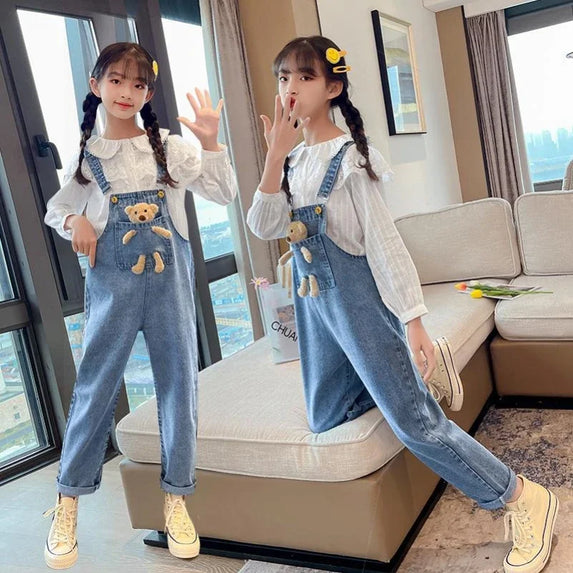 2024 Spring Autumn Children Denim Bib Jumpsuit Pockets with Bear Kids Overalls Jeans for Girls Teenage Girls Suspender Trousers