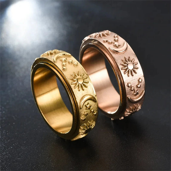 Spinning Anxiety Relaxing Ring With Star And Moon For Women Stainless Steel Rotate Freely Fidget Spinner Rings Bohemia Jewelry