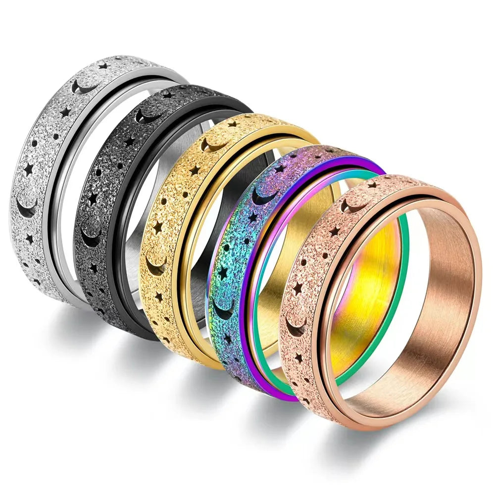 1Pc Stainless Steel Spinning Rotating Rings For Women Men 6MM Rotatable Design Moon And Star Design Fashion Ring Finger Jewelry