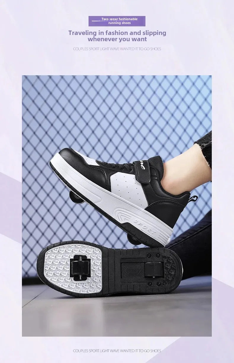 Magic Roller Skates Dual Wheel Slip-on Roller Skating Shoes 2024 New Spring Autumn Leather Surface Sports Shoes For Women Kids