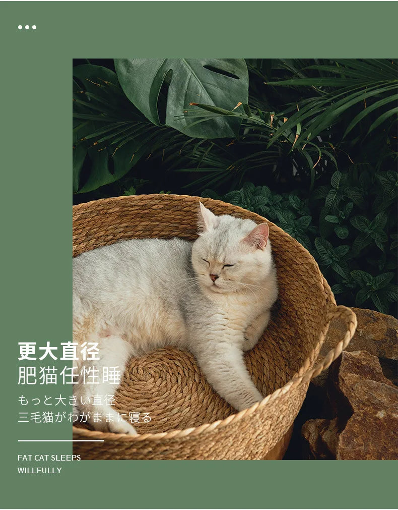 OUZEY Rattan Weaving Basket For Cat Comfortable Sleeping Pet Dog Bed Summer Cool Weave Cat House Donut Round Kitten Puppy Bed