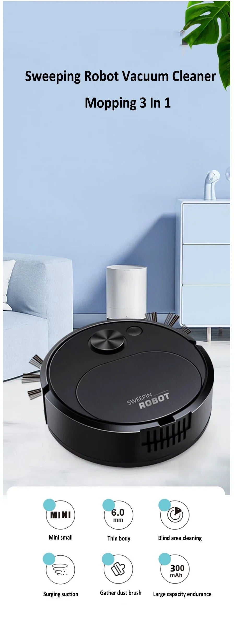 NEW USB Sweeping Robot Vacuum Cleaner Mopping 3 In 1 Smart Wireless 1500Pa Dragging Cleaning Sweep Floor for Home Office