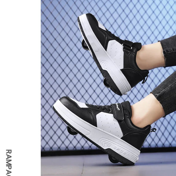 Magic Roller Skates Dual Wheel Slip-on Roller Skating Shoes 2024 New Spring Autumn Leather Surface Sports Shoes For Women Kids