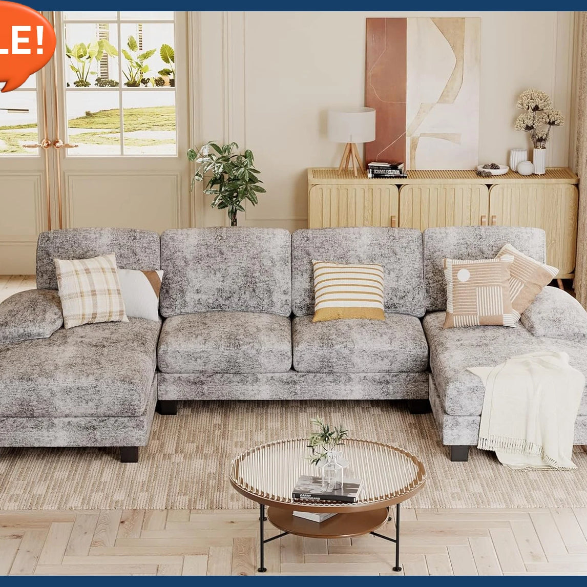 U Shaped Couch with Chenille Fabric, 4 Seat Modern Sofa with Removable Pillows for Apartment and Small Space (Fabric, Grey)