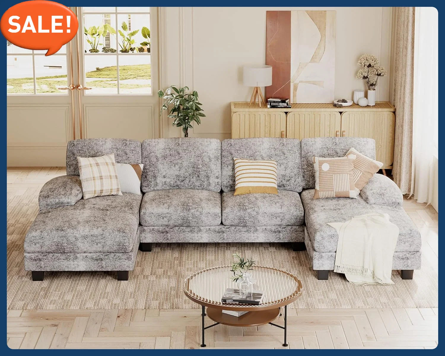 U Shaped Couch with Chenille Fabric, 4 Seat Modern Sofa with Removable Pillows for Apartment and Small Space (Fabric, Grey)
