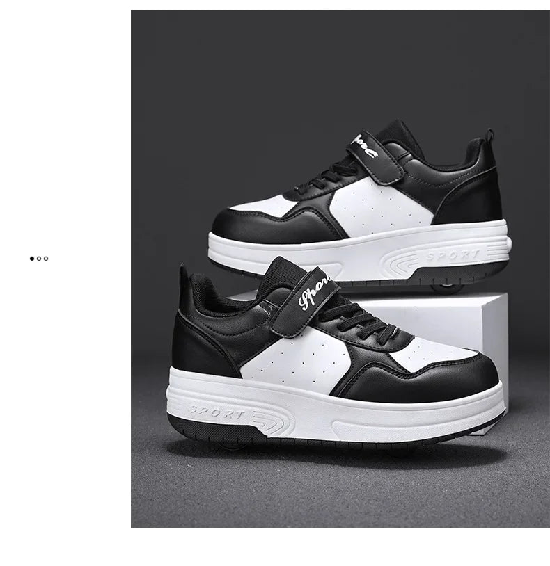 Magic Roller Skates Dual Wheel Slip-on Roller Skating Shoes 2024 New Spring Autumn Leather Surface Sports Shoes For Women Kids