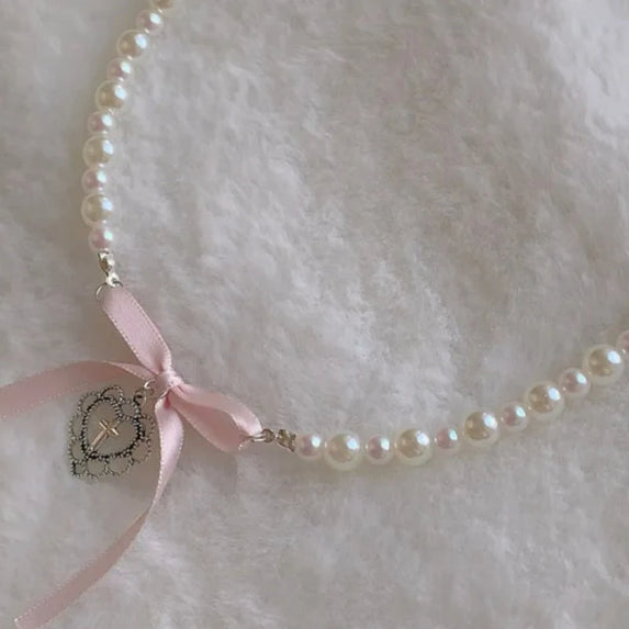 Bow Love Cross Imitation Pearl Pendant Necklace for Women French Romantic Sweet Lolita Clavicle Chain Harajuku Y2K Jewelry Gifts