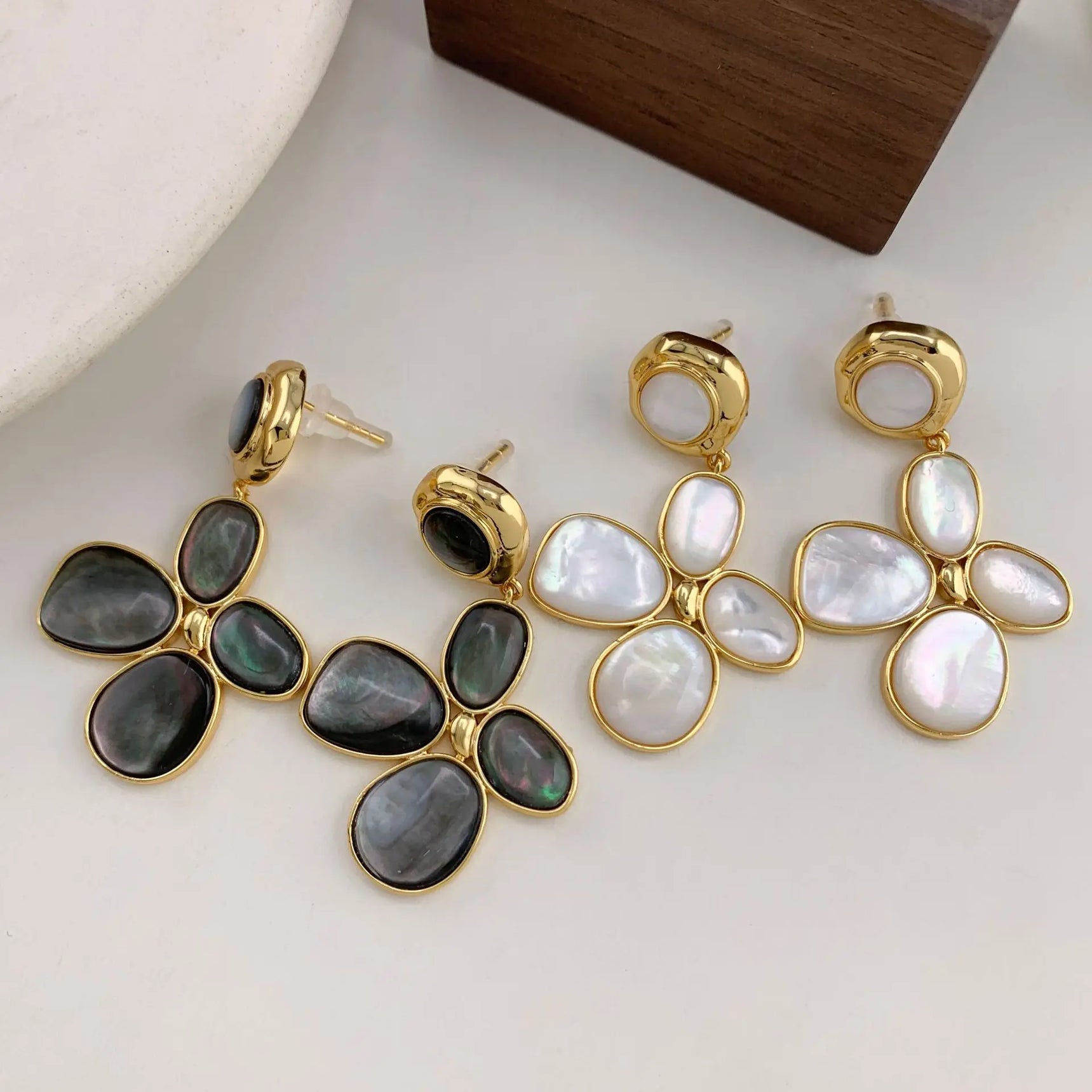 Luxury Pearl Shell Earring Ring Brooch Jewelry Set, Natural Stone Ring & Flower Earring,Women's Elegant Clothing Decoration Gift