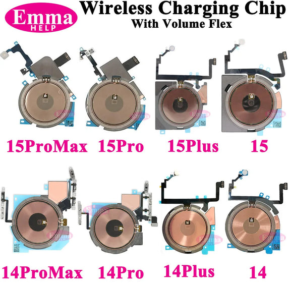 Emmahelp Wireless Charging Coil NFC With Volume Power Flex Cable For iPhone 14 15 Pro Max 15 14 Plus Charger WPC Panel Sticker